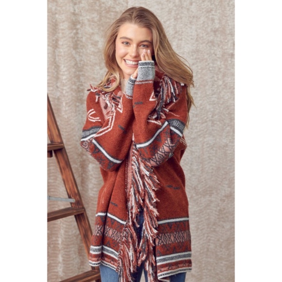 SOLD OUT Cowichan Boho Aztec Native Fringe Print Soft Knit Cardigan Sweater - Picture 2 of 9